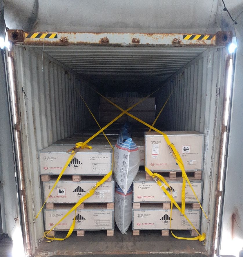 Palletised goods secured inside a shipping container