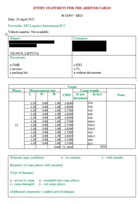 Redacted warehouse entry statement for received cargo
