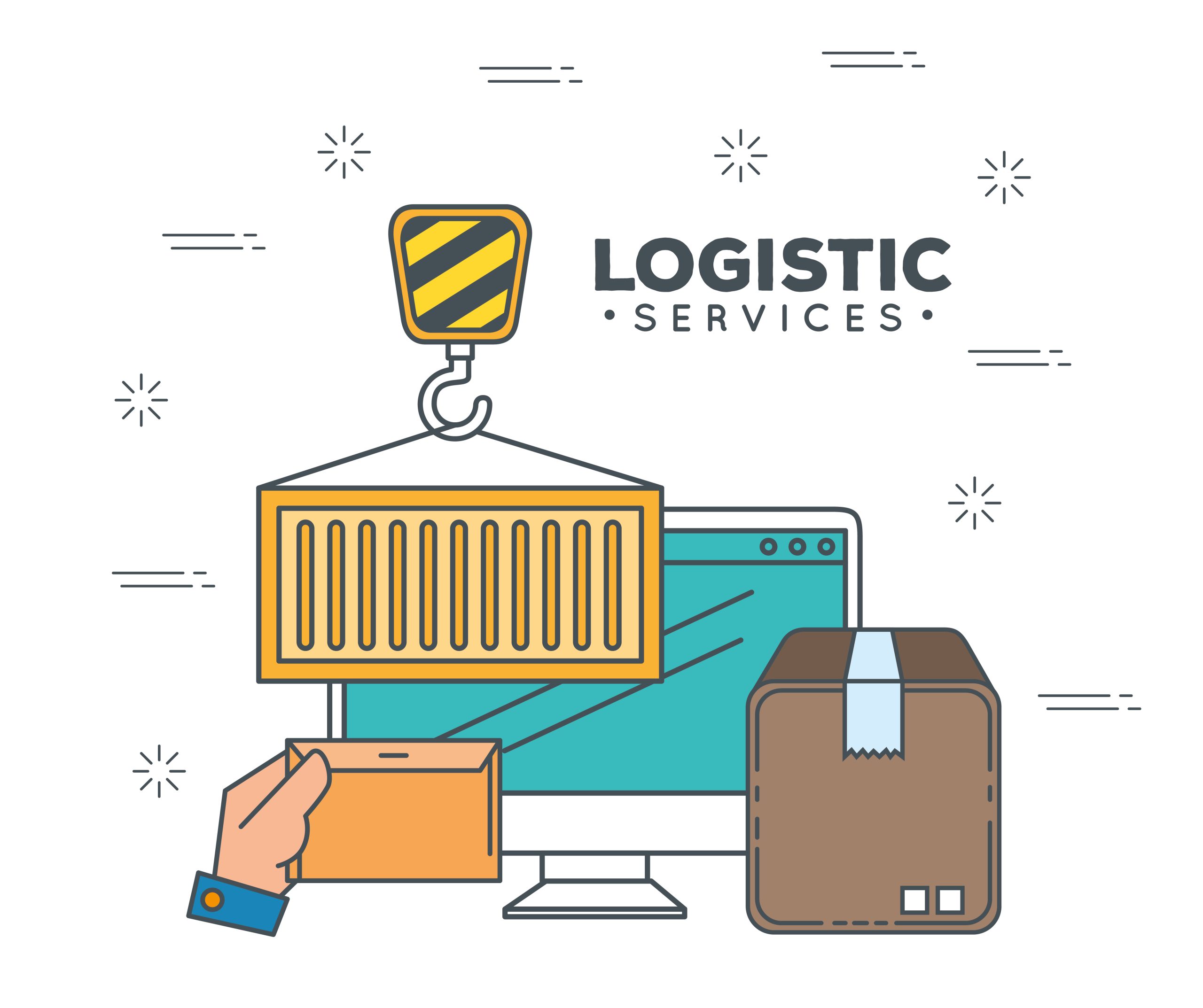Illustration of a container crane, truck and parcels