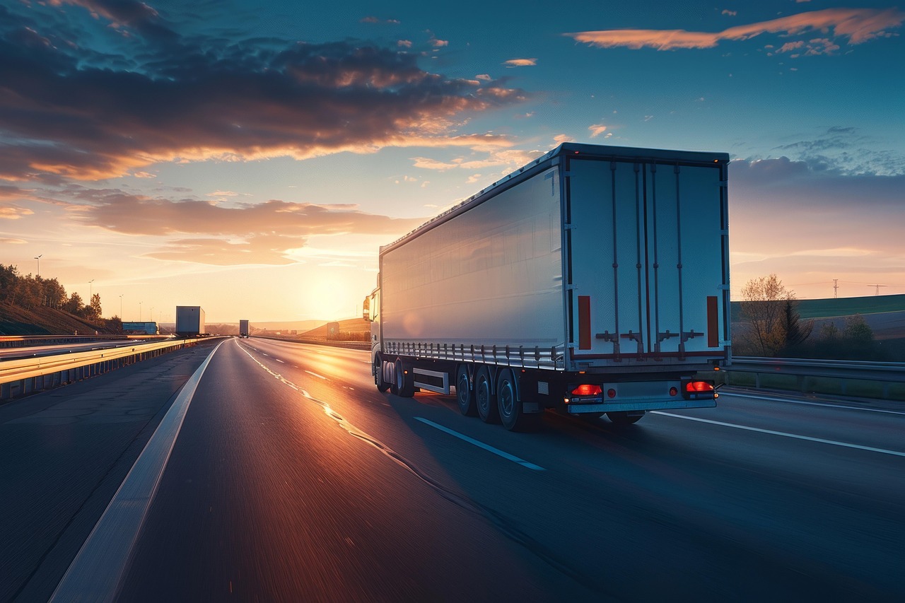 Articulated truck on a motorway at sunset