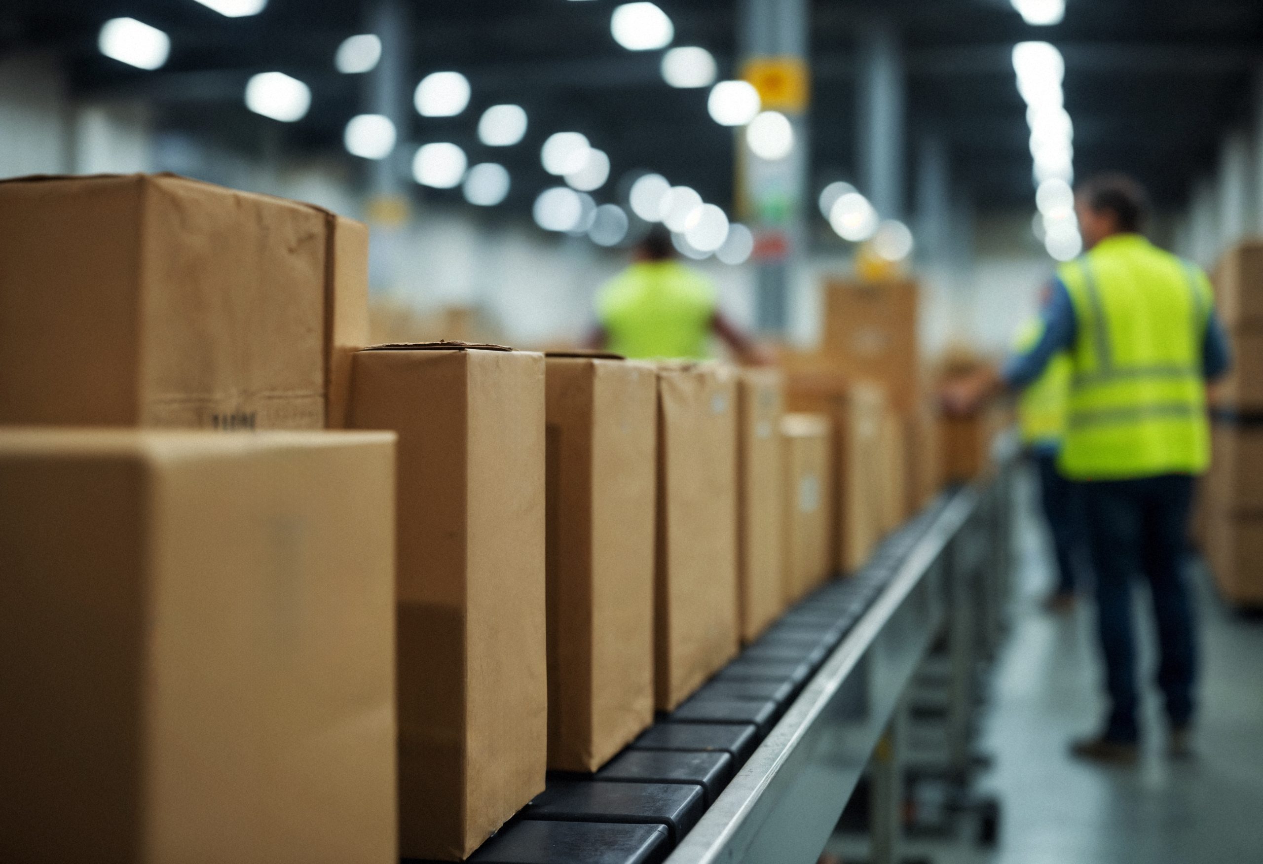Cardboard boxes on a warehouse conveyor with a worker in the background