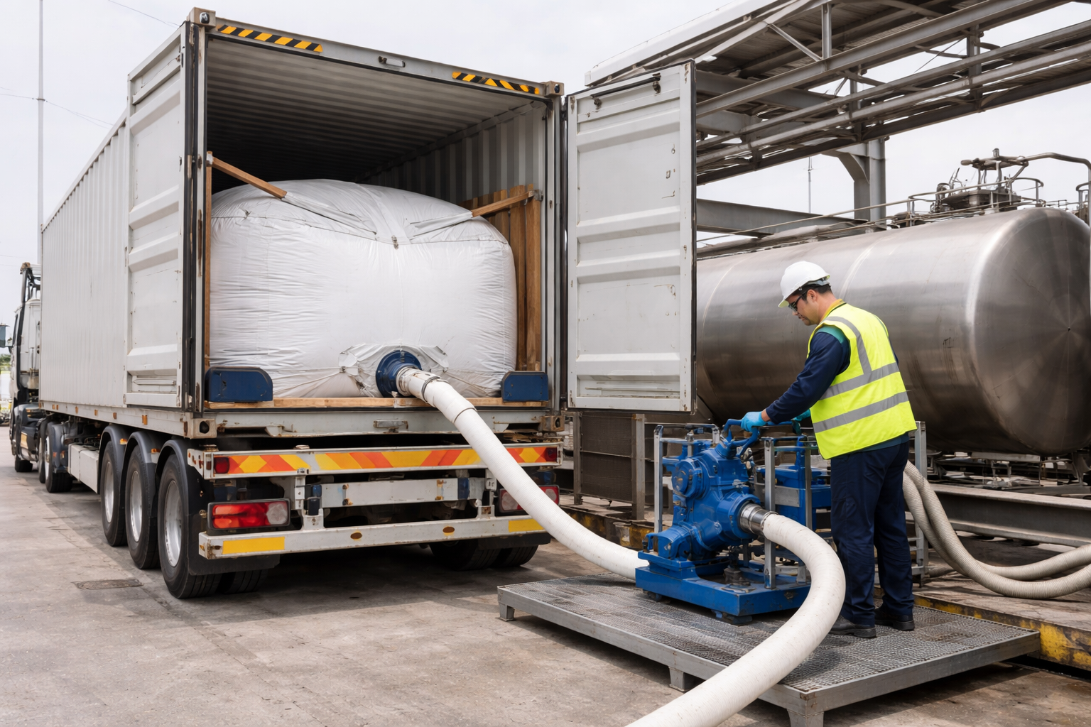 Worker unloading a flexibag from a shipping container
