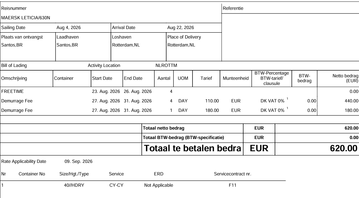 Redacted demurrage invoice example showing four free days and EUR 620 in charges